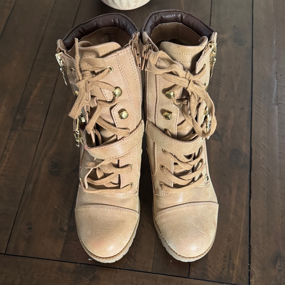 G by Guess Beige Combat Boots with Gold Accents